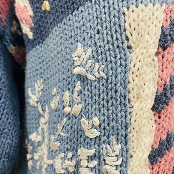 VINTAGE 90s Women M Blue Granny Core Heart Patchwork Heavy Knit Sweater Cottage - Picture 16 of 16